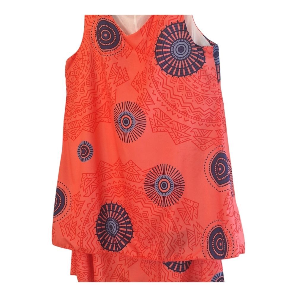 Two Layered Silky Lined Tank Dress Orange Bold Aztec Sphere Print M Pullover EUC - Picture 6 of 12